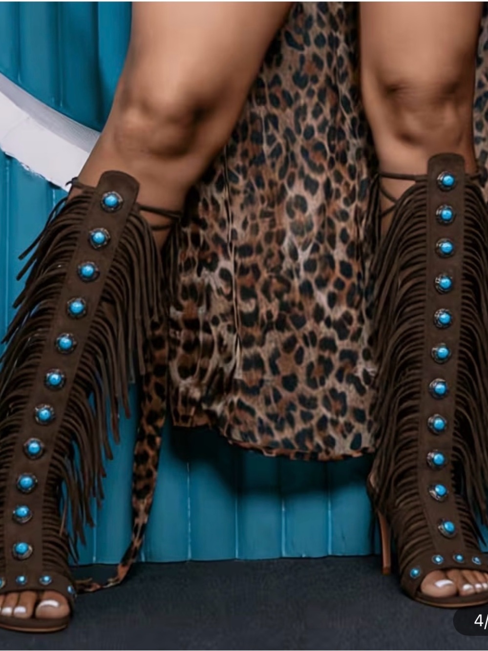 Fringe Gladiator Heels with Turquoise Buttons - Picture 1 of 3